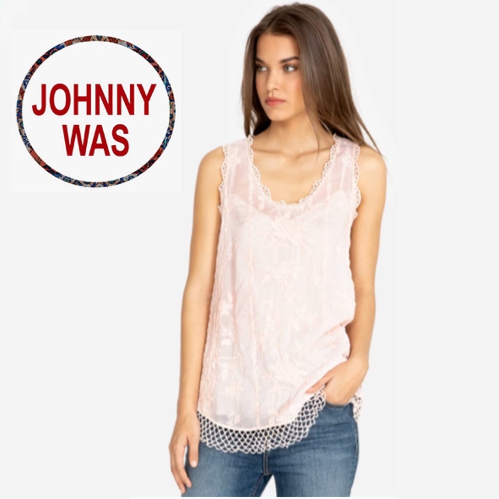 Johnny Was Quynn Tank Pale‎ Pink Scoop Neck Embroidered Sleeveless Tunic Top S